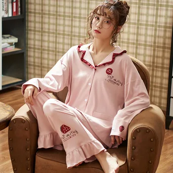 

Autumn and Winter Two Piece Suit Cotton Spring and Autumn Long-Sleeved Large Casual Leisure Tops Pajamas Set Pajamas Women