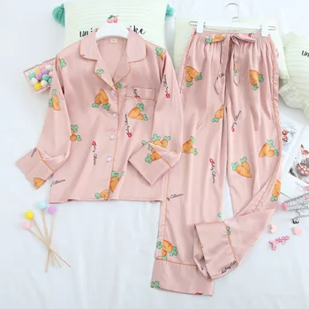 

Spring and Summer Newest Creative Pajamas Pants Set Women's Comfortable Soft Smooth Silk Leisure Tops Cool Long-Sleeve Home Suit