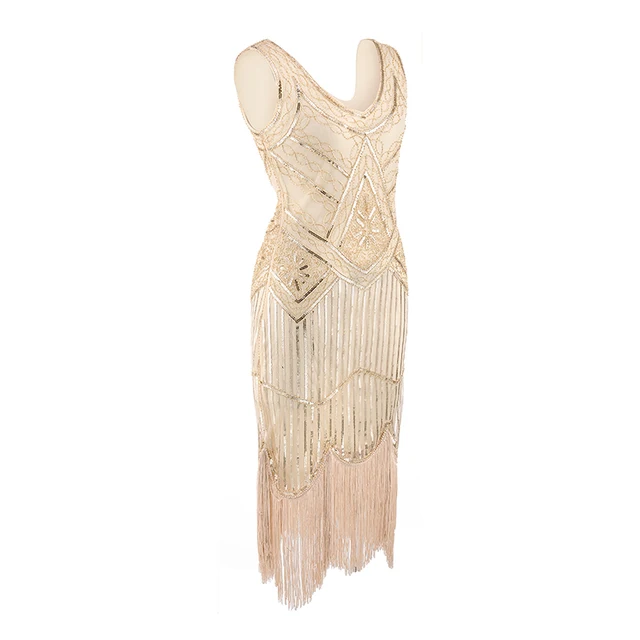 

Women 1920s Gatsby Charleston Inspired Sequin Fringe Flapper Dress Beaded Art Deco Dress V-Neck Sleeveless Long Party Costume