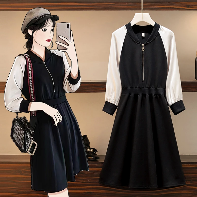 

EHQAXIN Women Patchwork Long Sleeve Sports Dresses Autumn 2021 Fashion Casual Loose Collect Waist A-Line Short Dress
