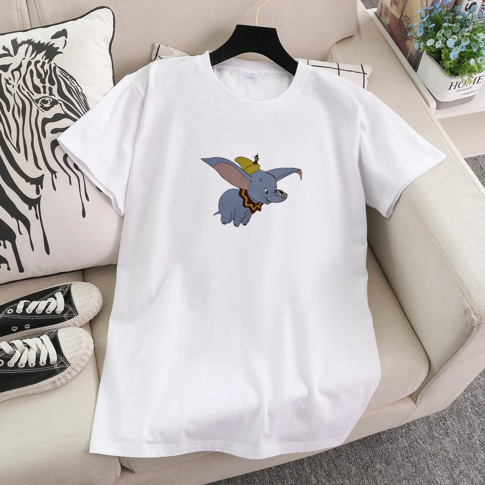 

2020 Fashion 100% cotton t shirt tshirt women tops Dumbo print T-shirt woman summer punk white plus size cute tee mujer femme