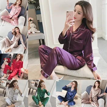

Women's plus size pajamas 2-piece set imitation silk satin pajamas set spring and autumn long-sleeved trousers pajamas