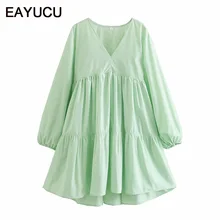 EAYUCU 2021 Spring New Fashion Deep V-neck Poplin Beach Long-sleeved Solid Color Dress Base Skirt ED307