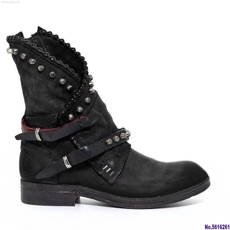 Vogue Retro Rivet Motorcycle Boots Women Leather Ankle Boots Nice Gothic Autumn Buckle Low Heel Short Boot Cowboy Shoes