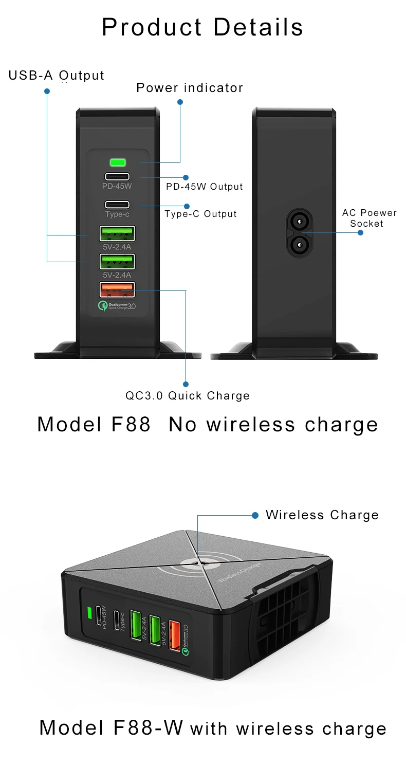 696 F88 75W USB зарядное устройство type C быстрое зарядное устройство для iPhone 8 X XR Qi Беспроводное зарядное устройство для samsung S/Note QC 3,0 быстрое настенное зарядное устройство