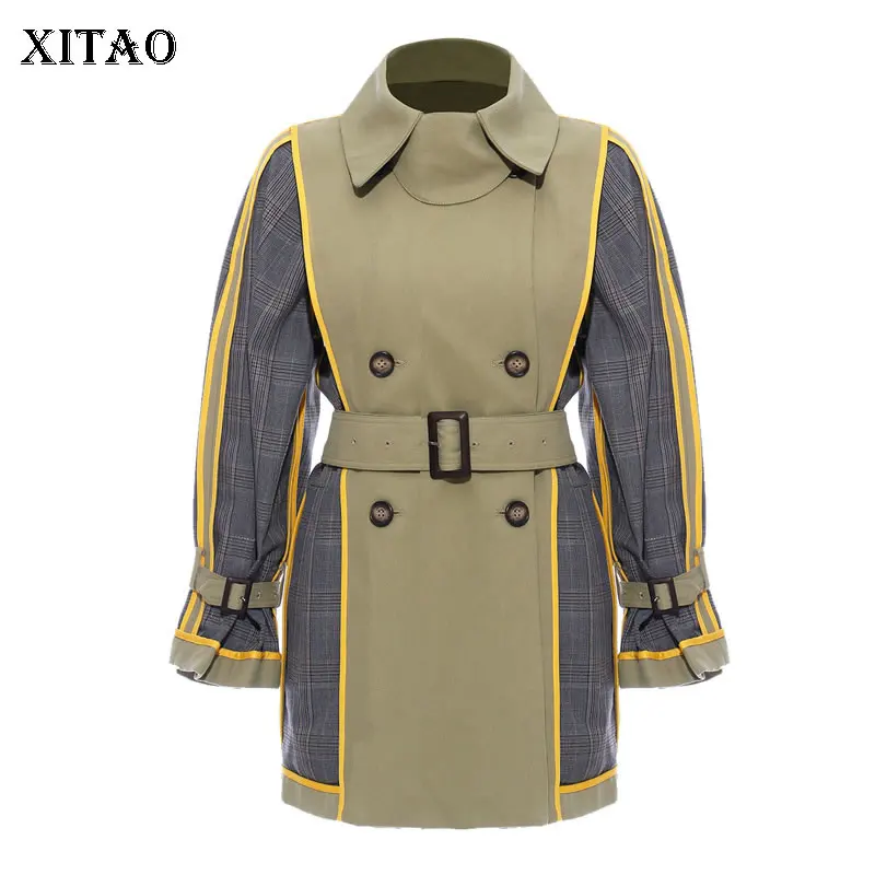 XITAO хит, цветной бандажный Тренч, женская мода, новинка, зима, двойная грудь, широкая талия, пэтчворк, плед, миноритарное пальто, DMY1381