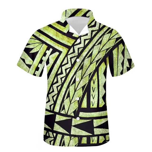 FORUDESIGNS Summer Men Shirts Polynesian Tribe Design Casual Loose Beach Camisas Oversized Chemise Homme V-neck Men Clothing Hot Blue