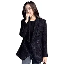Manteau Blazer en laine Tweed pour femme, veste Double boutonnage élégante en laine mélangée noire, nouvelle mode printemps automne 