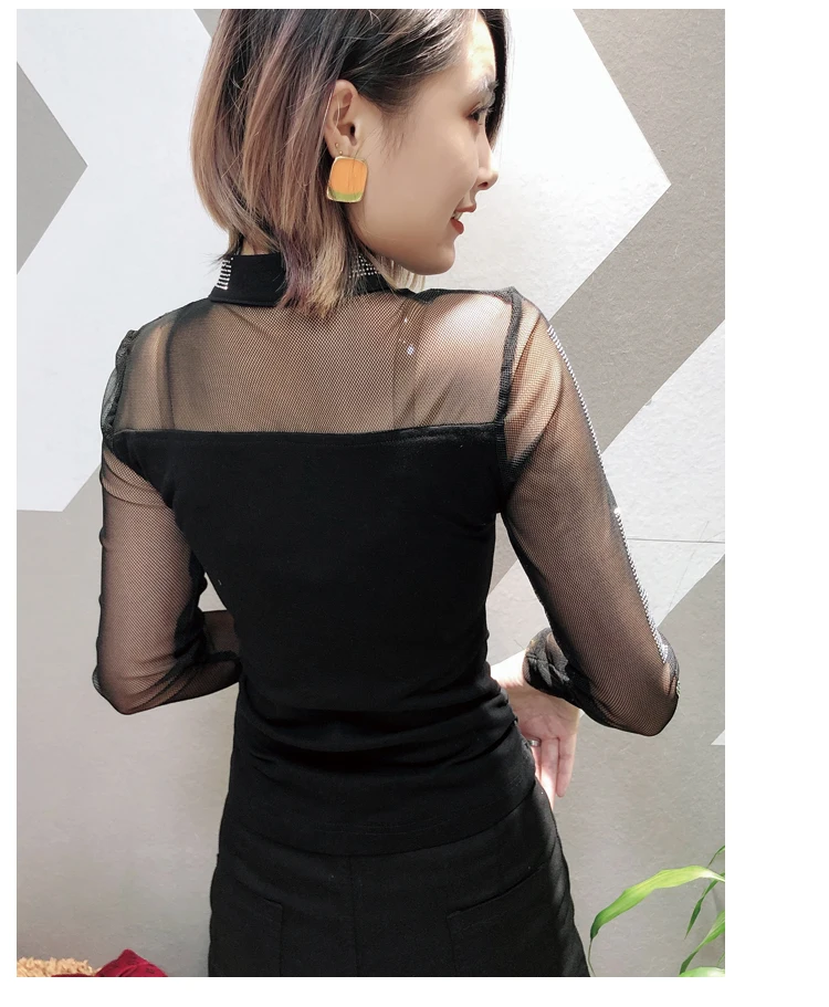 Koop Mode Patchwork Mesh Sexy Diamanten Knop Tshirt Europese 2019 Nieuwe Herfst Winter Vrouwen Lange Mouw Top Camiseta Mujer T98507