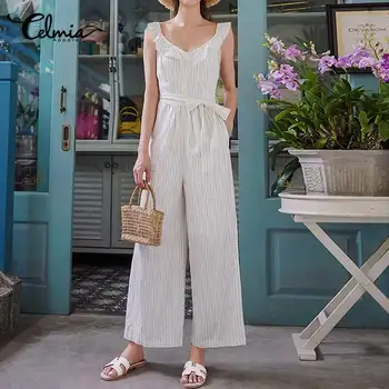

S-5XL Celmia Women Summer Sleeveless Striped Rompers Casual Backless High Wasit Ruffles Jumpsuits Ladies Elegant Wide Leg Pants