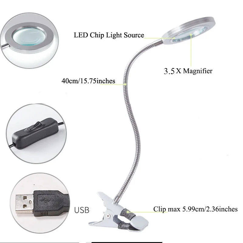 USB Настольная Зажимная Лупа Светодиодная лампа гибкое увеличительное стекло