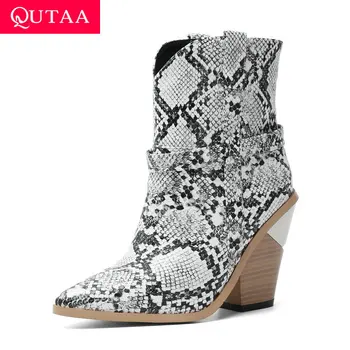 

QUTAA 2020 Snakeskin PU Leather Autumn Winter Fashion Ankle Boots Pointed Toe Square High Heel Slip on Women Shoes Size 34-43