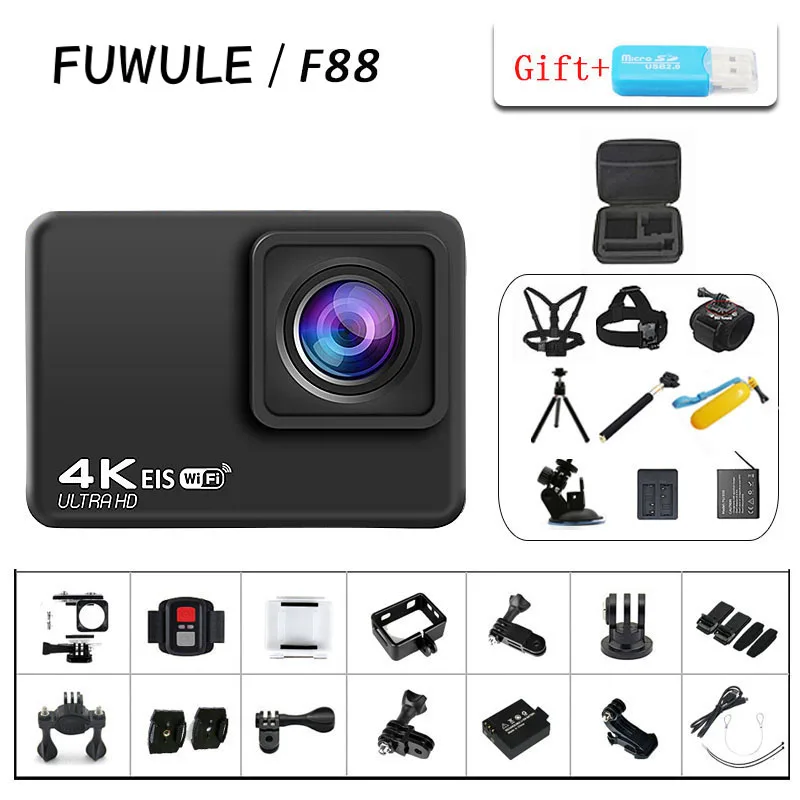 Cámara de Acción antivibración F88 EIS, Ultra HD, 4K/60fps, WiFi, 2,0 pulgadas, 170D, impermeable, casco, vídeo Go Sport Pro