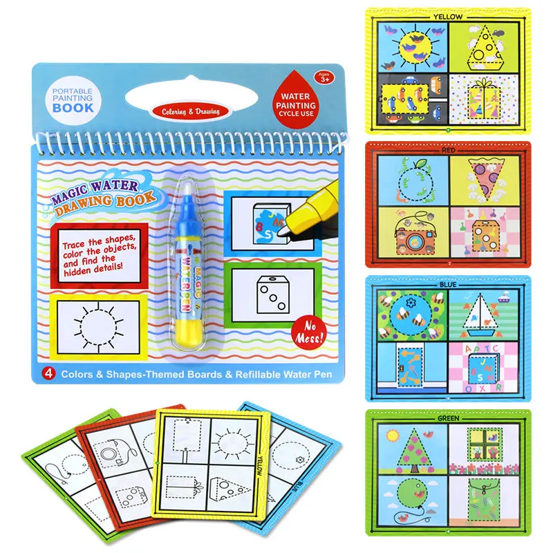 

Diy Magic Water Drawing Book Color Shape Triangle Round Doodle & Magic Refillable Pen Painting Drawing Board Toys for Kids Gift