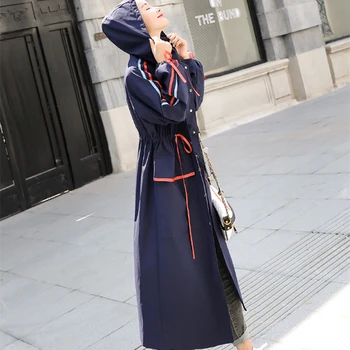 

Autumn Spring Women Adjustable Waist Pockets Single Breasted Hooded Dust Coat Female Loose Casual Comfortable Wind Coat ZX1210