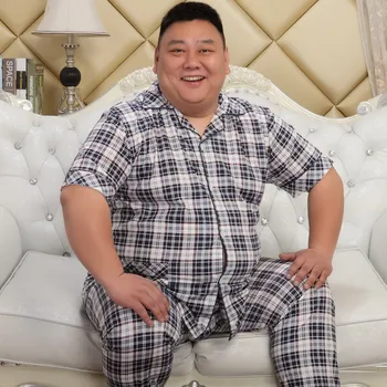 

Two Piece Cotton Pajamas Men Short Sleeve Plaid Casual Pajama Sets Pijama Sleepwear Pyjamas Plus Fat Size Nightwear 3XL-5XL
