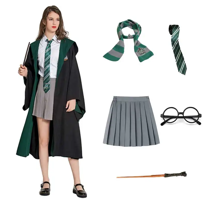 Women Girls Magic School Uniform Slytherin Robe Cloak Skirt Tie Scarf Halloween Costume Set Unisex Wizard Witch Cosplay