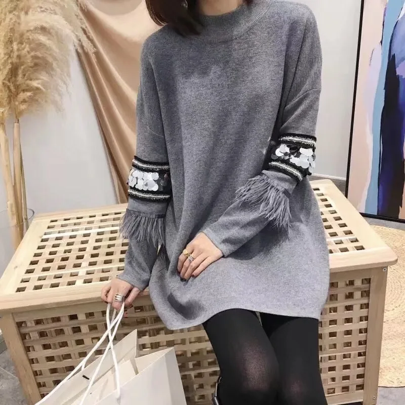 

European winter female 2019 new the brim splicing render of knitting wool dress dress female qiu dong