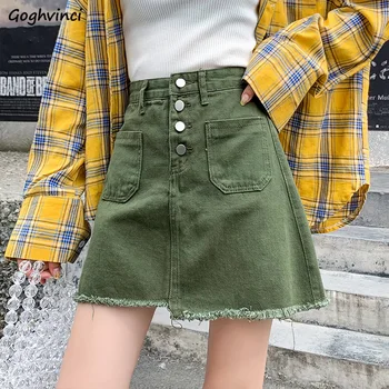 

Skirts Women Summer 2020 All-match Denim Simple Leisure A-line High Waist Single-breasted Womens Skirt Students Chic Harajuku