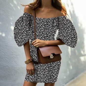 

slash neck sexy party mini dress women 2020 short lantern sleeve pencil dress elegant OL print chic dresses vestidos