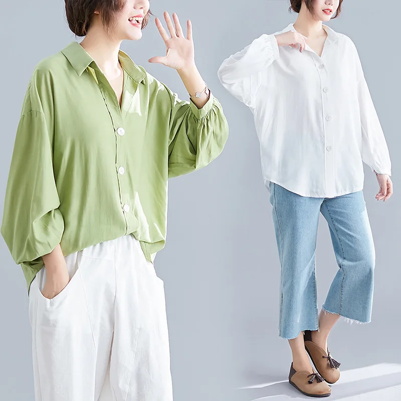 

2019 Autumn Clothing New Style Korean-style Literature And Art Solid Color Long-sleeved Shirt Fat Mm Slimming Comfortable Fold-d