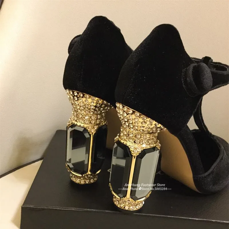 Бархатные туфли-лодочки на высоком каблуке в стиле ретро; роскошная женская обувь с Т-образным ремешком и кристаллами; свадебные туфли на массивном каблуке с изумрудным агатом; женская обувь на высоком каблуке