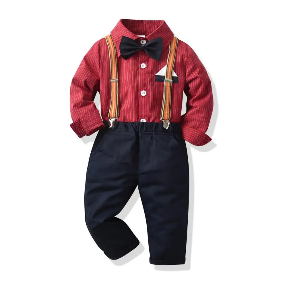 

Children's clothing autumn clothing children's lapel striped shirt suspenders suit boys gentleman outing performance dress child