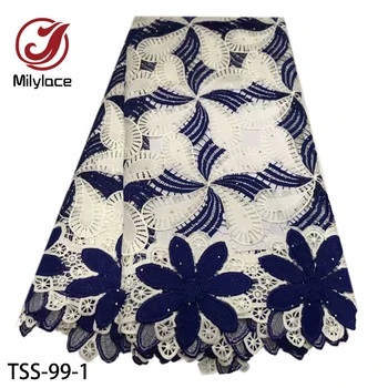 

New African Guipure Cord Lace Fabric with Shiny Stones Two-color Floral Embroidery Lace Fabric 5 Yards for Party TSS-99
