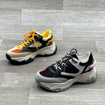 

Europe station 2020 spring new women's shoes European leather mesh lace up sponge cake bottom contrast street style sneakers