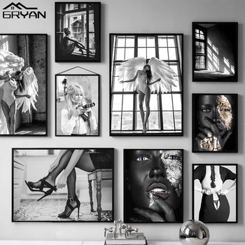

Black White Angel Wings Fashion Poster Golden Silver Woman Canvas Print Painting Brigitte Bardot Girl Vintage Picture Home Decor