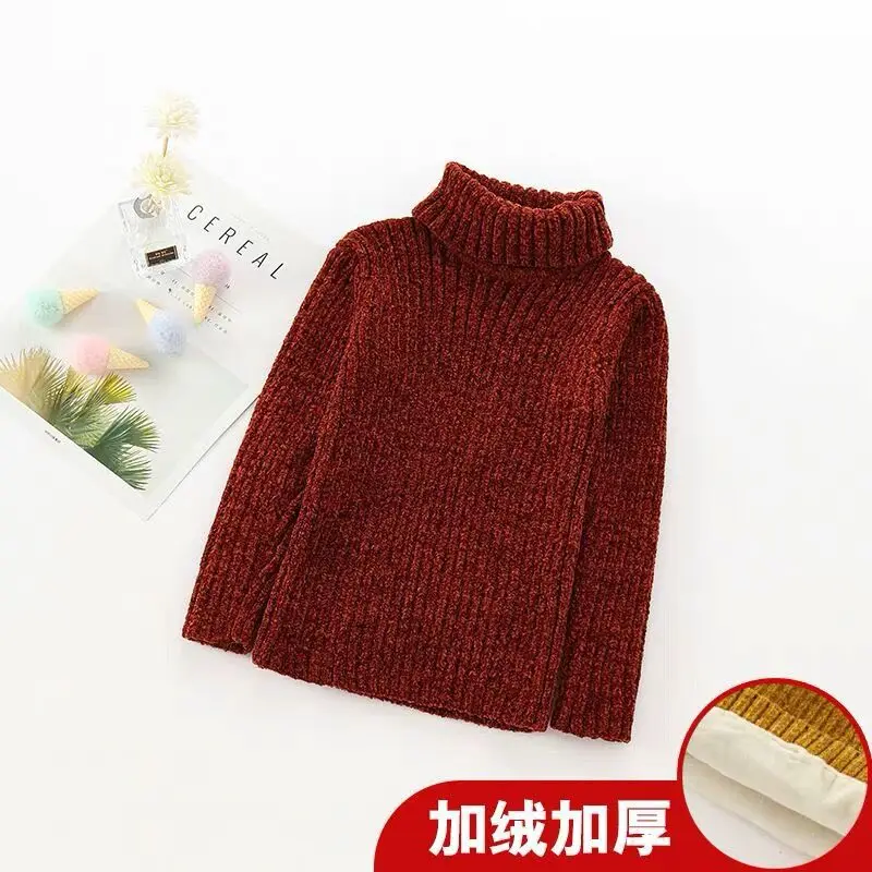 chenille velvet 4 Зимний свитер с воротником под горло для маленьких девочек; осень г.; детская одежда для мальчиков; трикотажный пуловер в рубчик; однотонные детские свитера из бархата - Цвет: chenille velvet 4