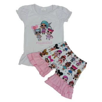 

2020 Summer Fashion Baby Girls Boutique Outfit Cute Cartoon Girl Print Short Sleeve Shirt With Ruffle Shorts Clothing Set