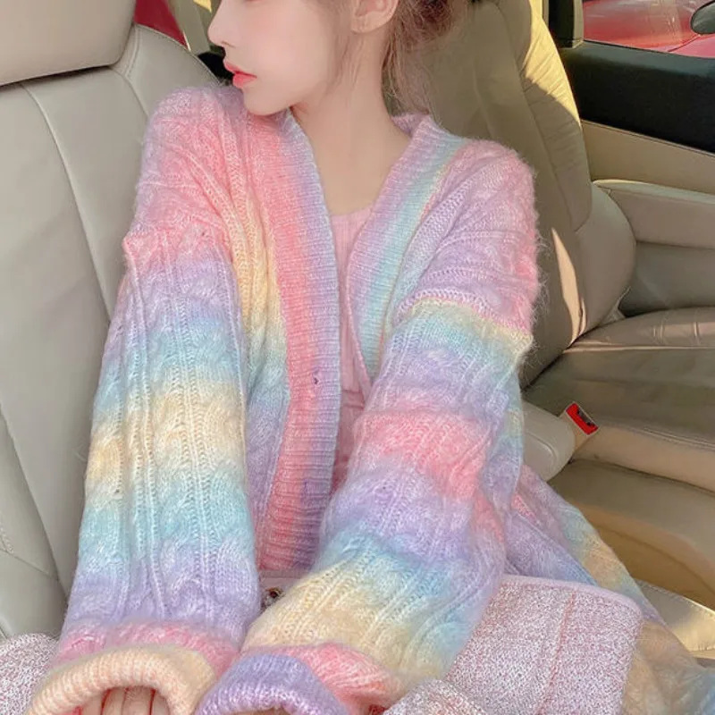 Knitted Cardigan Coat Korean-Button Kawaii Sweater Rainbow Fall Female Sweet Long Winter