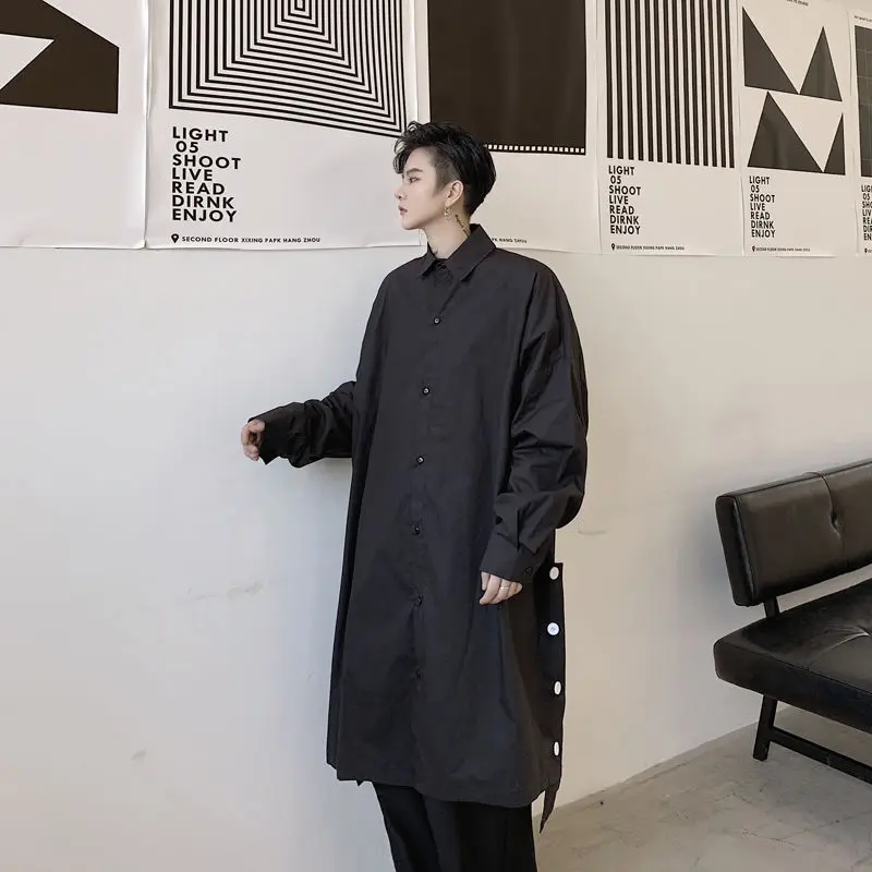 

2020 Spring And Autumn New Youth Popular Solid Color Side Split Long-sleeved Mid-length Shirt Fashion Casual Loose Top