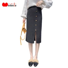 Сексуальная Женская трикотажная юбка с разрезом на пуговицах, элегантная плиссированная женская Юбка-миди с завышенной талией, осенне-зимние женские юбки