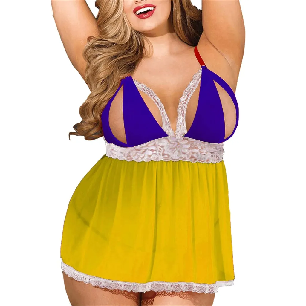 Сексуальное женское белье размера плюс с открытой спиной, кружевные трусики-стринги, открытый бюстгальтер, нижнее белье, прозрачные пижамы, стринги, ночное белье - Цвет: Цвет: желтый
