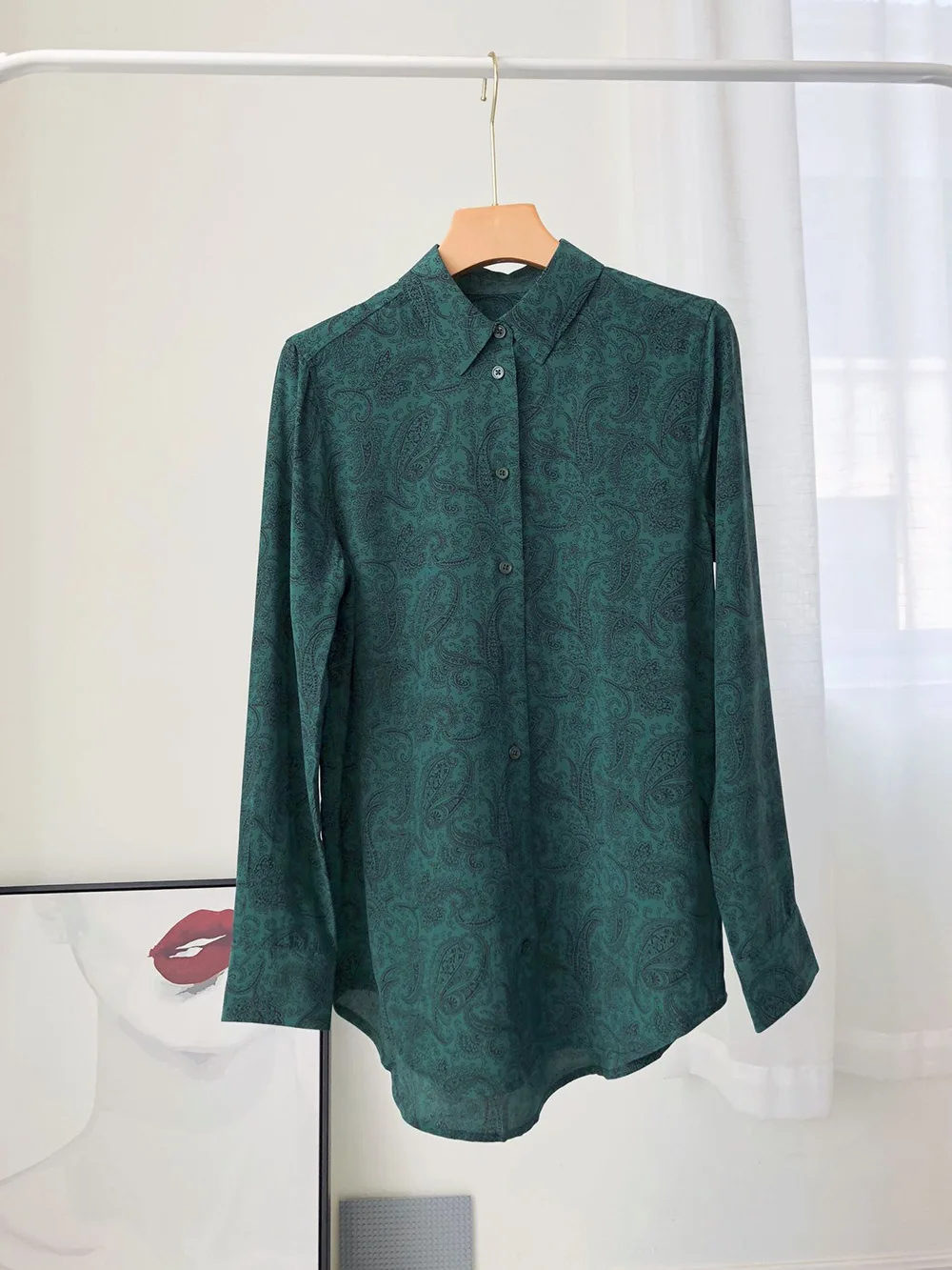 

Women Silk 100% Dark Green Cashew Flower Printed Long Sleeve Lapel Blouse Shirt Top - 2019 Newest Ladies Tops