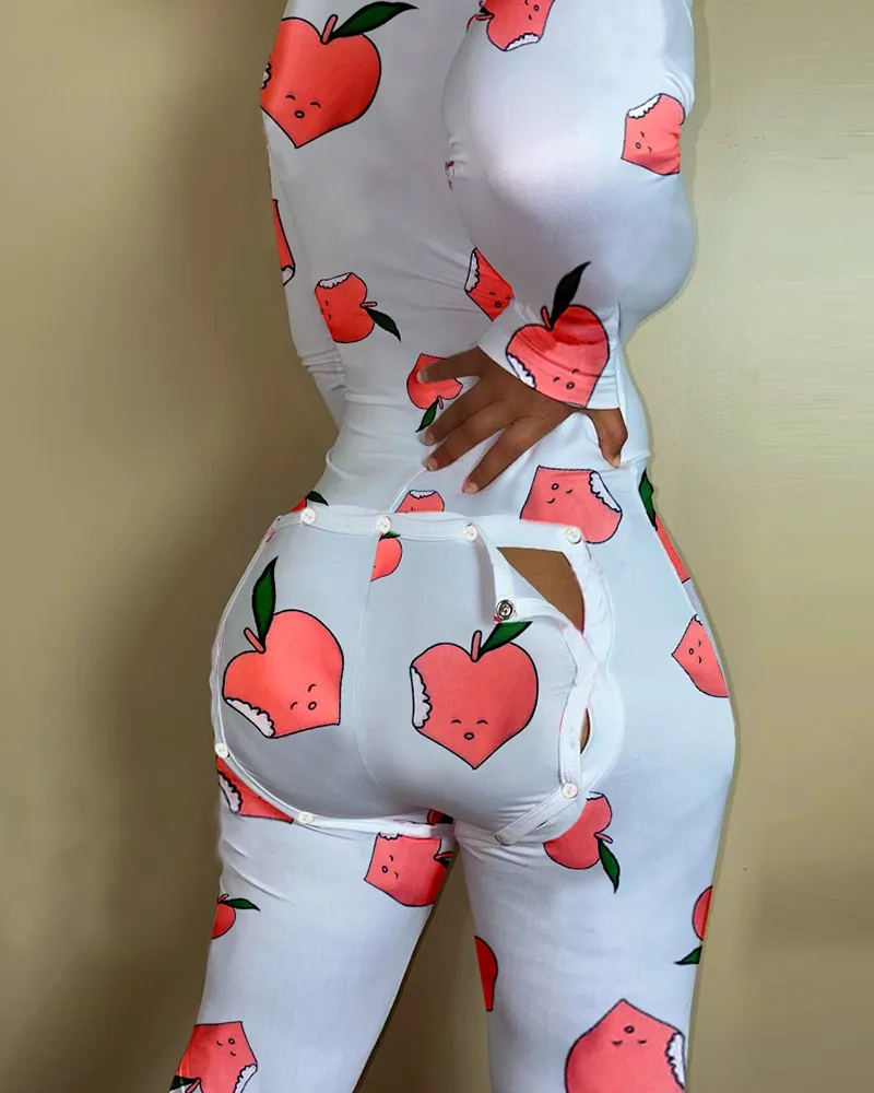 V-neck Buttons Up Sexy Romper Women Long Sleeve Jumpsuits Autumn Fruits Print Sleepwear Back Flap Sleepwear