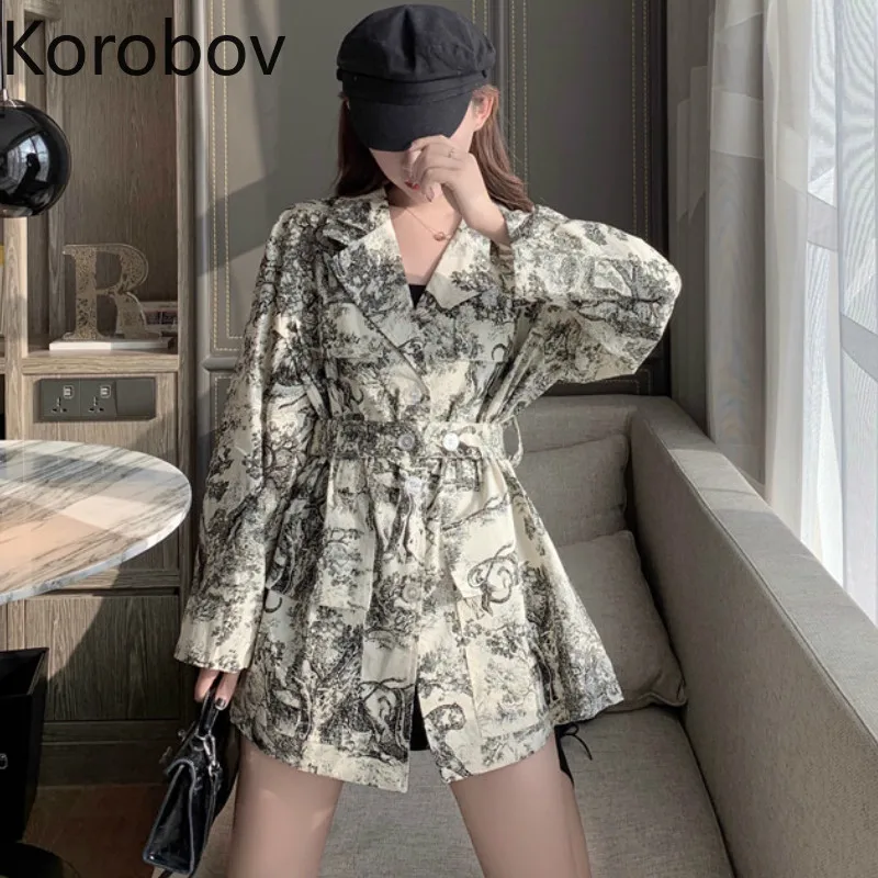 

Korobov Vintage Print Pattern Women Blouse Korean Long Sleeve Autumn New Sashes Slim Shirt Turn-down Collar Blusas 78928