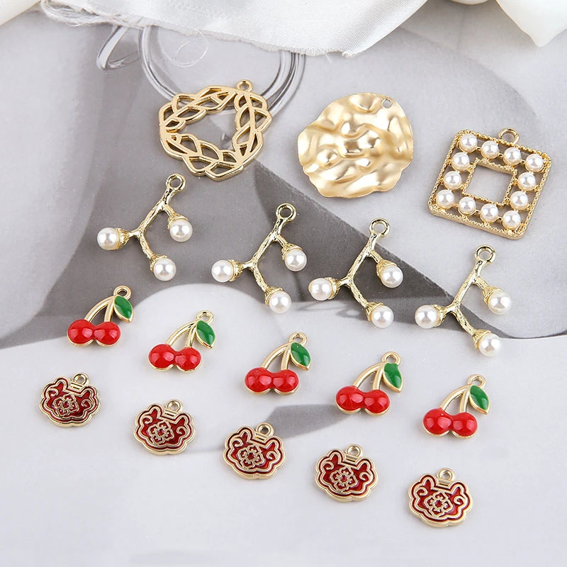 

10pcs Korean Female Sweet Red Cherry Pearl Earring Irregular Wave Pattern Round Branches Square Fruit Earrings Jewelry Making
