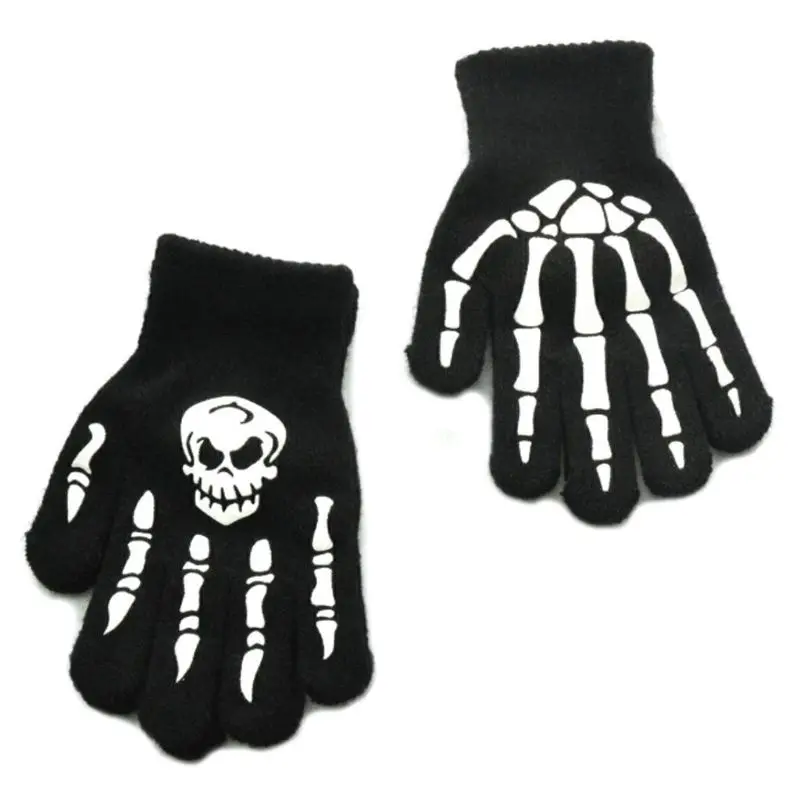 Unisex Adult Halloween Skeleton Skull Half Finger Gloves Glow in the Dark Fingerless Stretch Knitted Winter Mittens