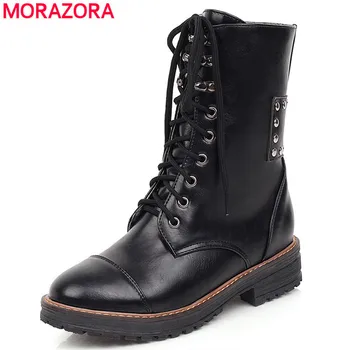

MORAZORA 2020 hot sale fashion leisure ankle boots low heel round toe lace up ladies shoes pu leather rivet women boots
