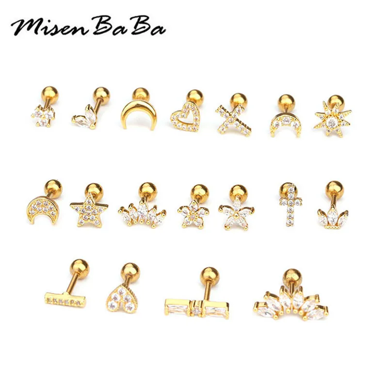 

10Pcs/lot Cross Crystal Stud Conch Earring Crown Flower Star Heart Moon Zircon Stud Earring Gold Silver Color Helix Piercing