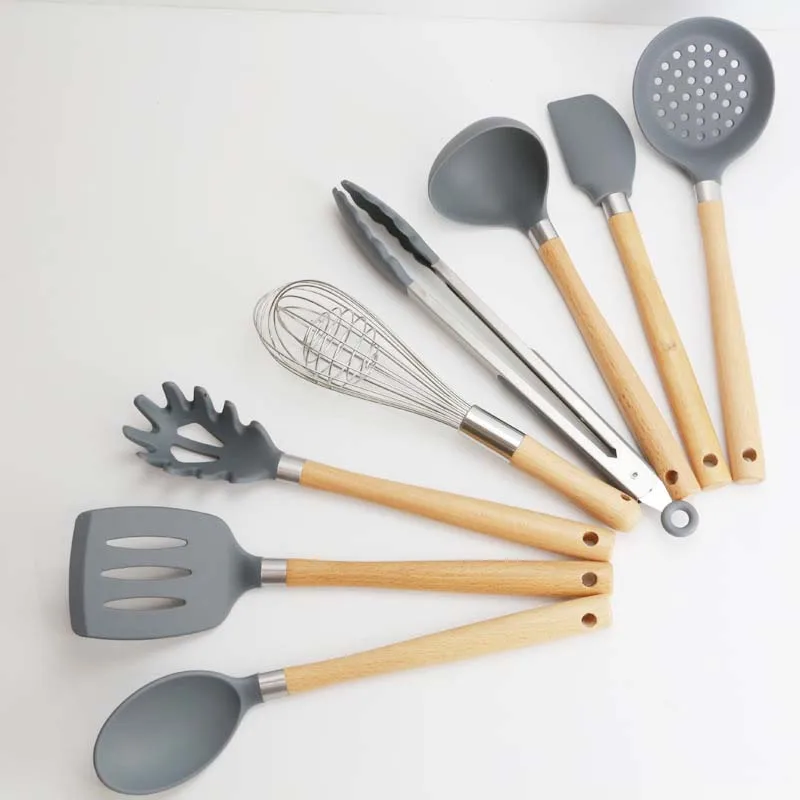 

8PCS Silicone Kitchen Utensils Set Wooden Spatula Cooking Tool Sets Tongs Spoon Turner Cookware Kitchenware