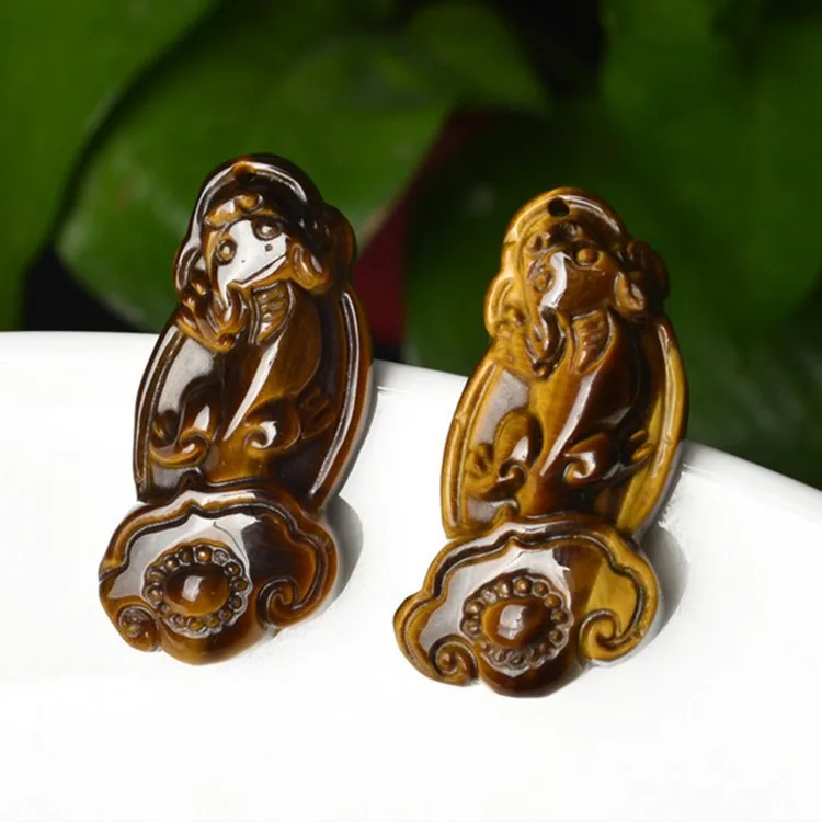 Chinese Natural Tiger-Eye Stone Ruyi Pixiu Pendant Necklace Jewellery Hand-Carved Relax Healing Women Man Luck Gifts Free Rope