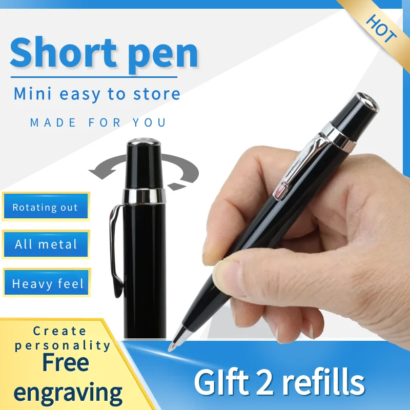 Short Metal Ballpoint Pen Portable Office Signature Pen Cute Rotating Refill In and Out Spare 0.7mm Black and Blue Core