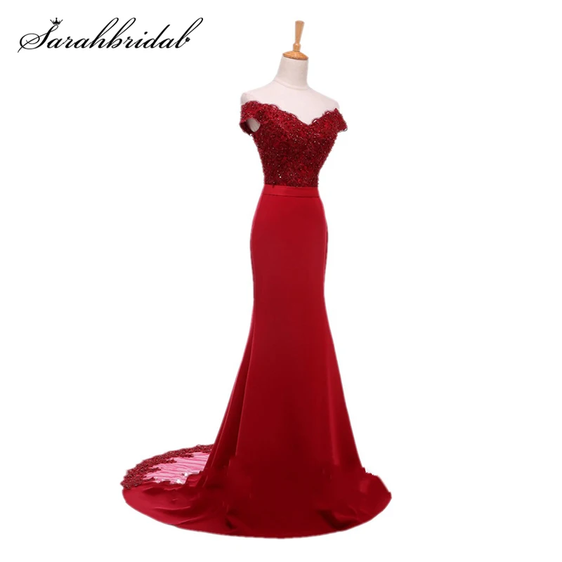 

New Sexy Evening Dresses Trumpet Off The Shoulder Zipper Court Train Chiffon Gown 2021Button Applique Lace Robe De Soiree ED1010