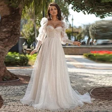 

Fivsole Glitter Long Princess Sweetheart A Line Wedding Dress Puff Sleeves Bridal Gowns Bling Vestidos De Novia Robe De Mariée