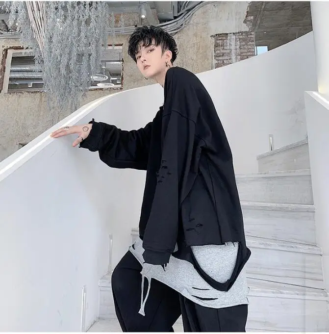 M-XL! темная индивидуальность; бренд; стиль для волос; тренд; неровная Мода; дизайн с дырками; Мужская свободная куртка