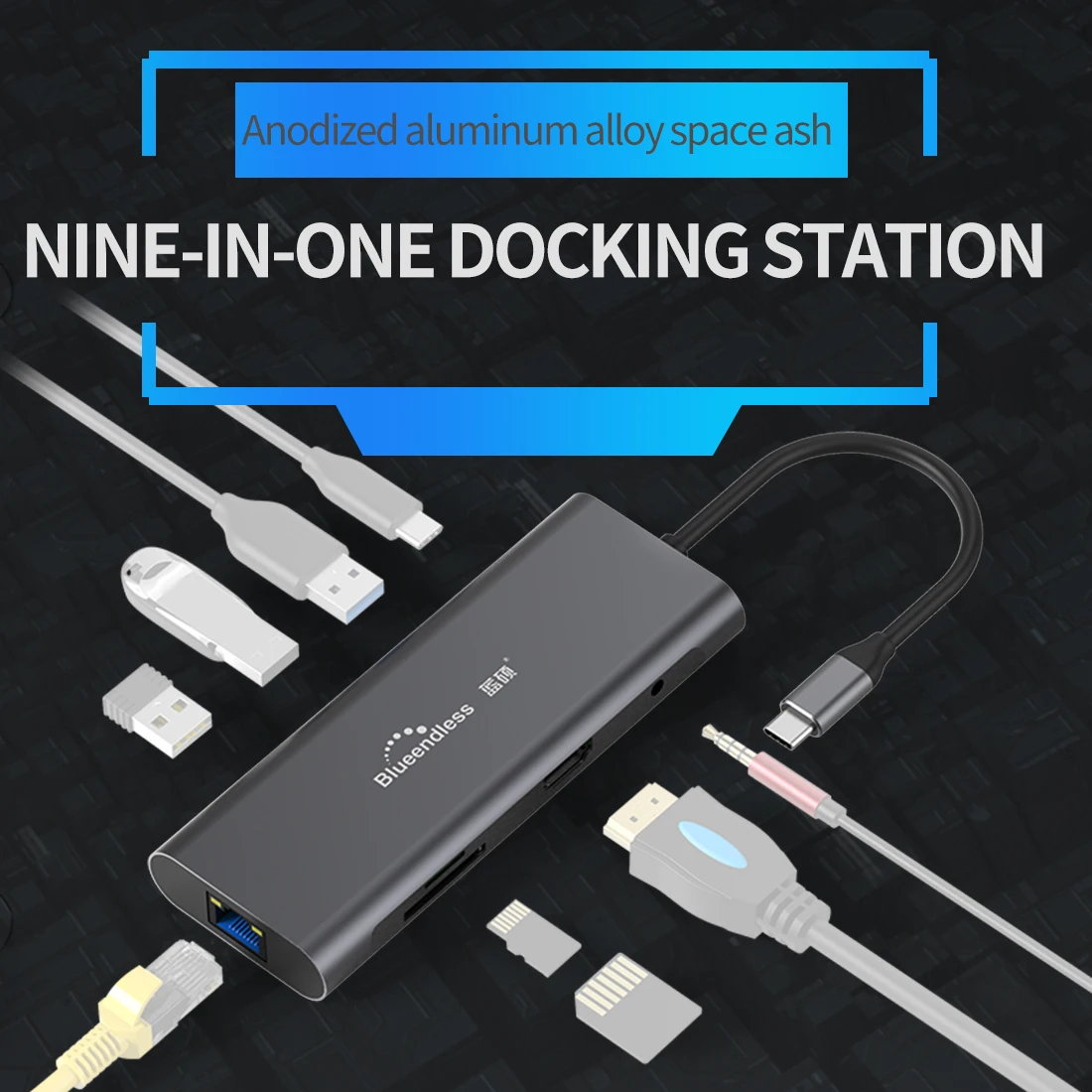 Blueendless Usb C Hub Adapter 9 in 1 Docking Station,1000Mbps Ethernet Lan Port, 3.5Mm Aux, 3X Usb 3.0, Tf/Sd Card Reader 2